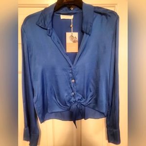 Blue satin blouse with tie, small